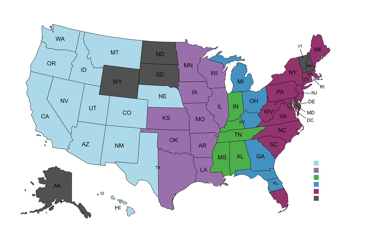 Map of United States contest regions
